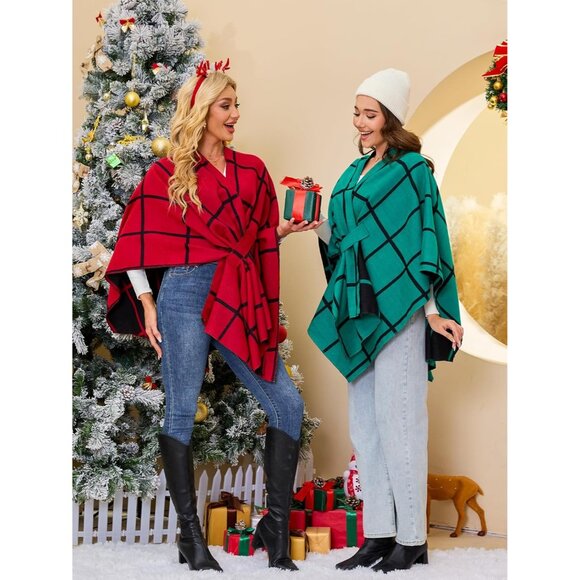 Women Shawl Wrap Poncho Ruana Cape Open Front Cardigan Fall Winter Green Black - Picture 2 of 6